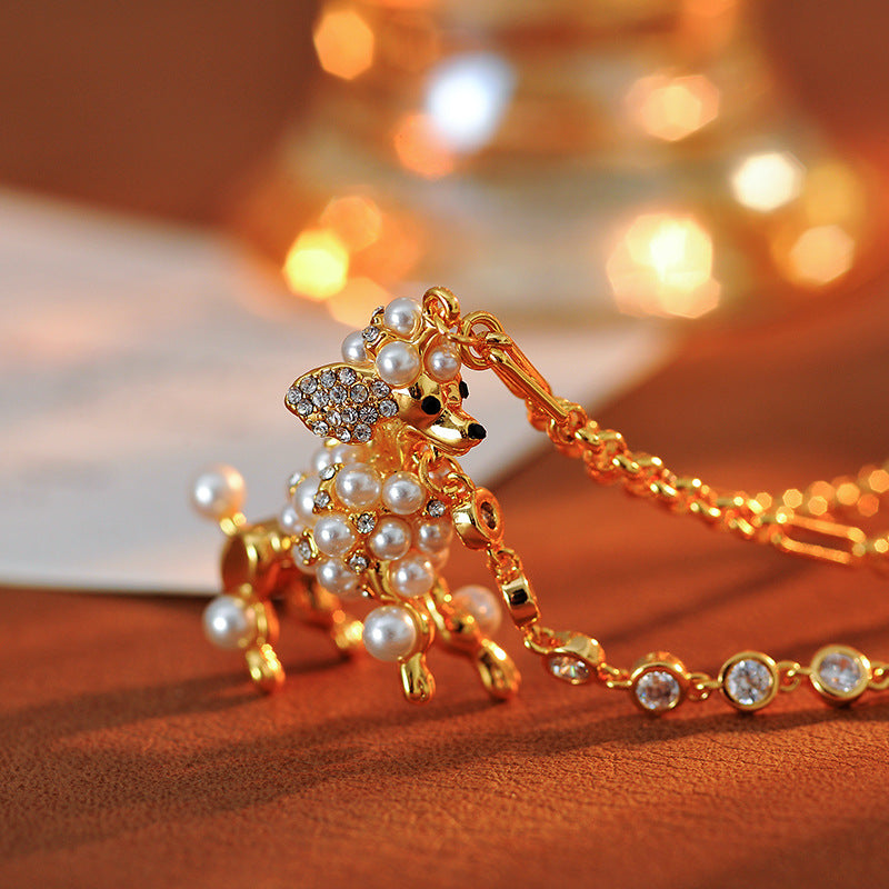 European and American Jewelry Creative Personality Sparkling Diamond Fun Cute Pearl 3D Dog Shape Necklace