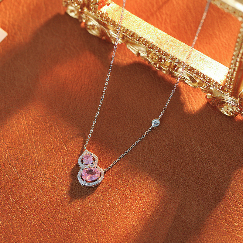 S925 Sterling Silver Necklace for Women New Hot Style Pink Zircon Blue Zircon Gourd Pendant Clavicle Chain Summer Exquisite Neck Chain