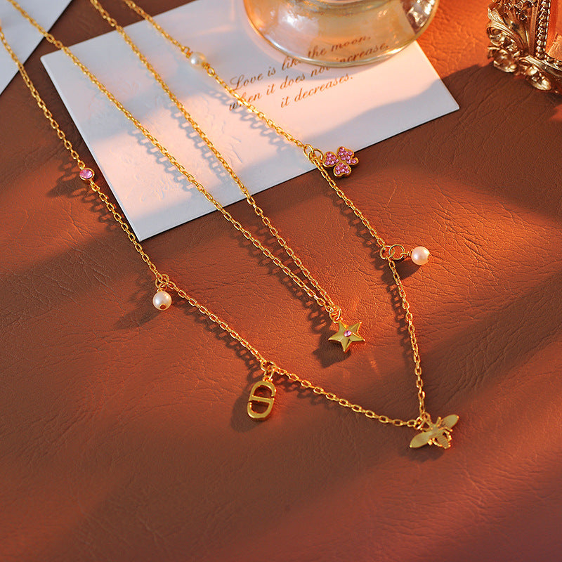 High-Quality D Brand New Double-Layer Necklace Niche Light Luxury High-End Feel CD Letter Pearl Star Collarbone Chain Necklace