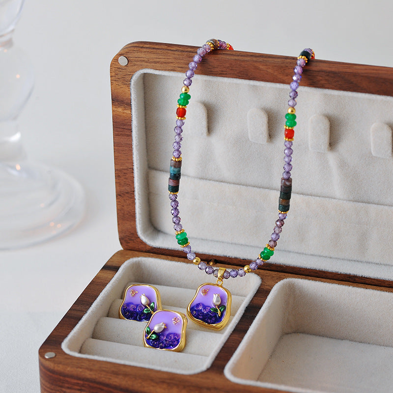 New Chinese Style Monet Garden Rich Purple Oil Painting Necklace Freshwater Pearl Oil Drop Flower Earrings Necklace for Women