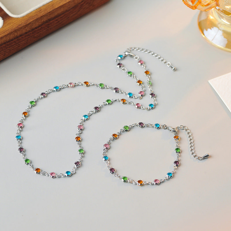 Real Gold Plated Micro Inlaid Zircon Colorful Zircon Elegant Collarbone Chain Women Fashion Design Sense European and American Style Rainbow Necklace