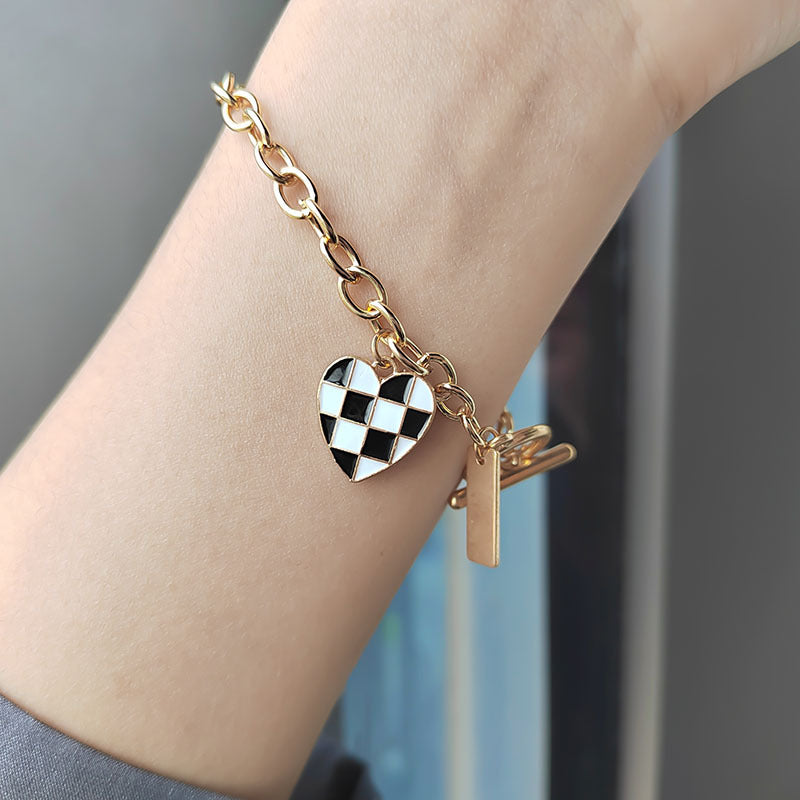 Unique Design Checkerboard Heart Pendant Bracelet for Women Trendy Cool Simple Fashion Bangle Accessories Japanese Korean Style