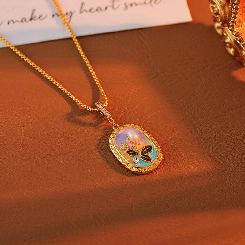 Monet Garden Vintage Necklace Natural Baroque Pearl Light Luxury Retro Oil Painting Style Collarbone Chain