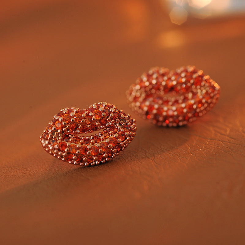 Sexy Sparkling Diamond Red Lips Cute Earrings 3D Bag Creative High Heels Multi-Drop Necklace Collarbone