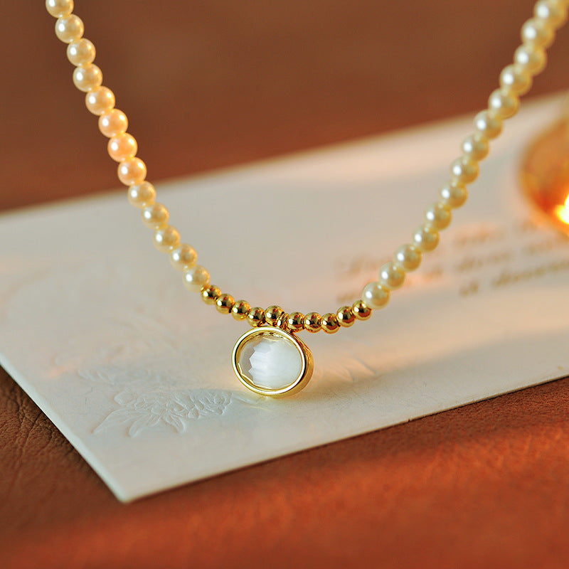 Korean Version Xiaomi Pearl Necklace New Cat's Eye Stone Pendant Light Luxury Niche Autumn Winter Accessory One Piece