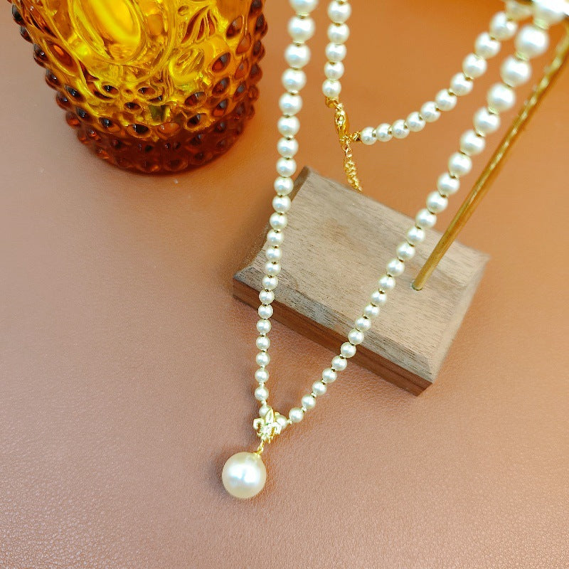 French Iris Vintage Pearl Pendant Necklace for Women, Detachable Collarbone Chain, Neck Chain