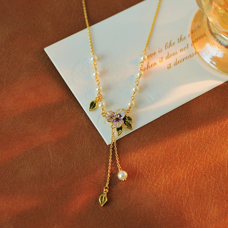 2025 Women's New Forest Style Freshwater Pearl Enamel Oil Drop Purple Flower Elegant Fashion Necklace