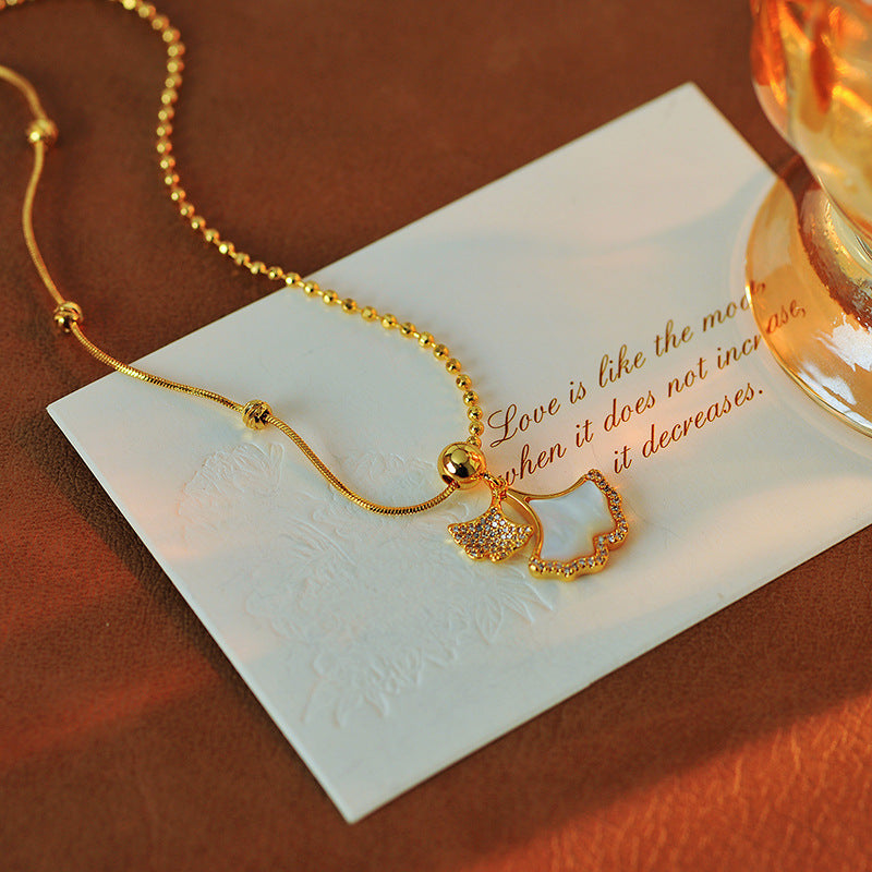 Ginkgo Leaf Natural Shell Zircon Necklace High-end Design Exquisite Collarbone Chain Light Luxury Elegant Versatile Sweater Chain