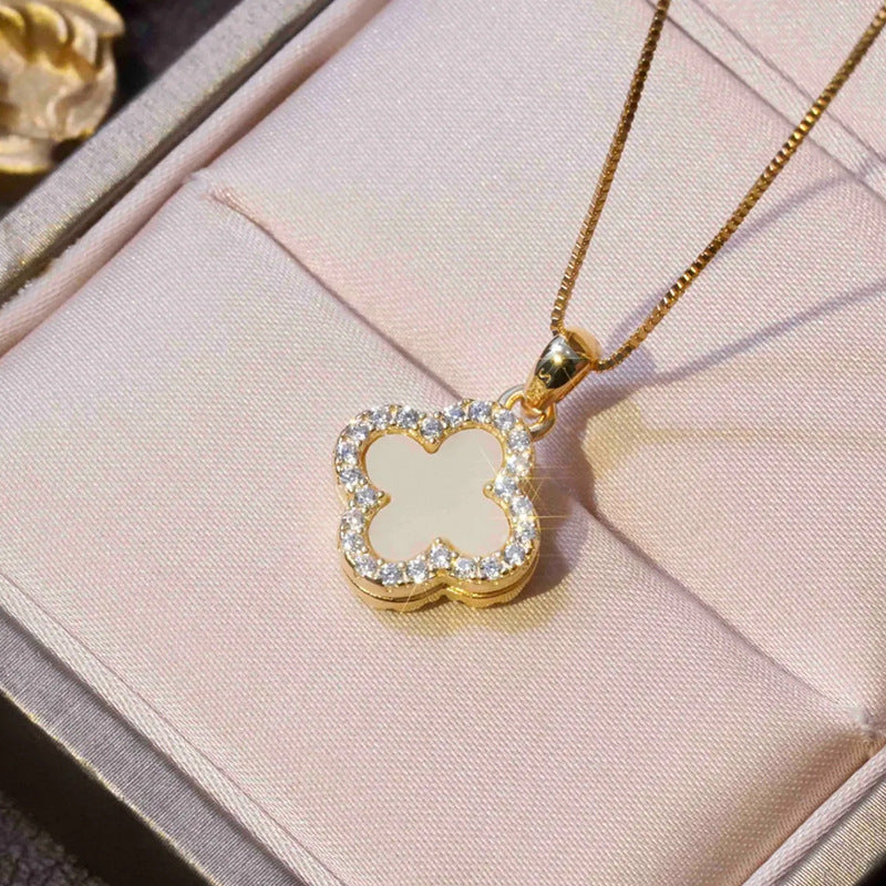 Japanese and Korean Fashion Simple Double-Sided Four-Leaf Clover Micro-Stud Necklace for Women Trendy Ins Internet Celebrity Temperament Street Style Collarbone Chain for Women