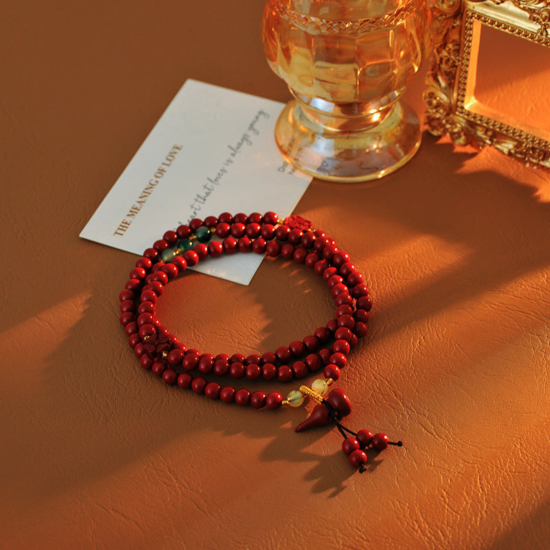 High Content Natural Cinnabar 6mm Bead Three Circle Bracelet Necklace Female Peace Gourd Long Bracelet Ethnic Style Purple Gold Sand