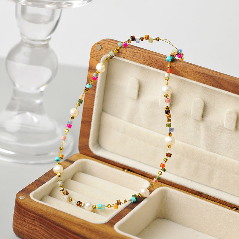Dopamine Pearl Colorful Beaded Stone Collarbone Necklace Niche High-End Light Luxury Summer Cool Style