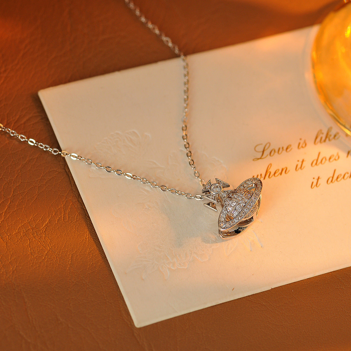 Silver Saturn Pendant Necklace Light Luxury High-end Niche Design New Exquisite Planet Collarbone Chain Jewelry