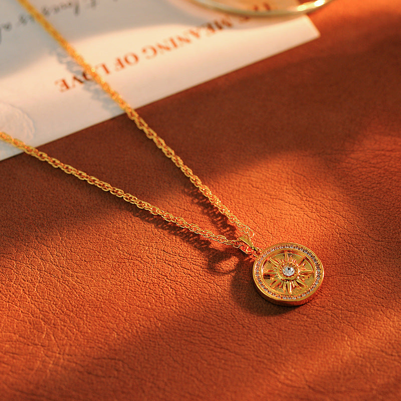 Traditional Inlaid Diamond Round Sunflower Gold-Plated Necklace for Women, New Autumn Winter Sweater Chain, Light Luxury High-End Feel