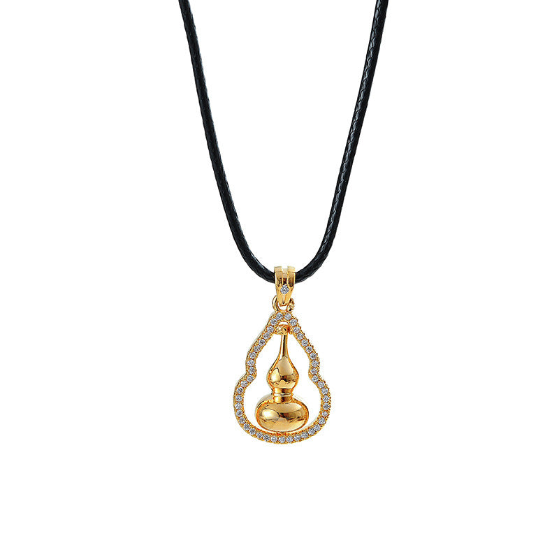 New Chinese Style Ancient Gold Inlaid Diamond Gourd Pendant Necklace for Women, Light Luxury Fashion Versatile New Year Sweater Chain