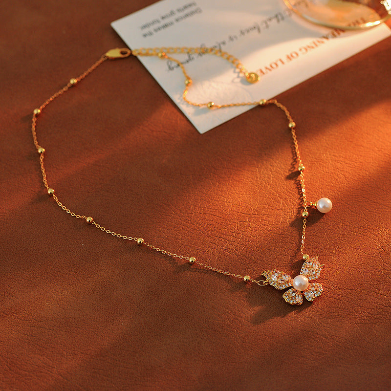 Fashion Versatile Pearl Necklace for Women, High-End Elegant Light Luxury Zircon Butterfly Collarbone Chain, Minimalist Style Neck Chain Accessory