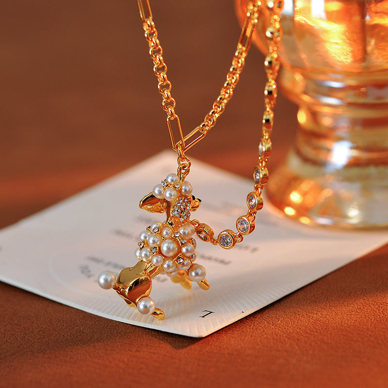 European and American Jewelry Creative Personality Sparkling Diamond Fun Cute Pearl 3D Dog Shape Necklace