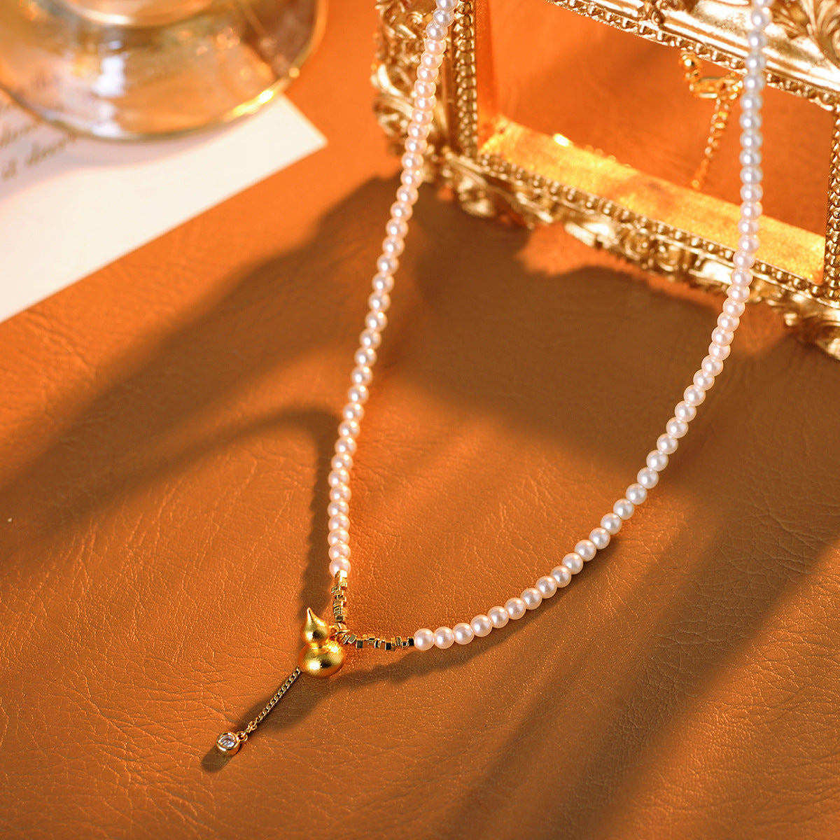 Textured Xiaomi Pearl Gold Gourd Necklace for Women, Niche Design, Light Luxury, Versatile Collarbone Chain