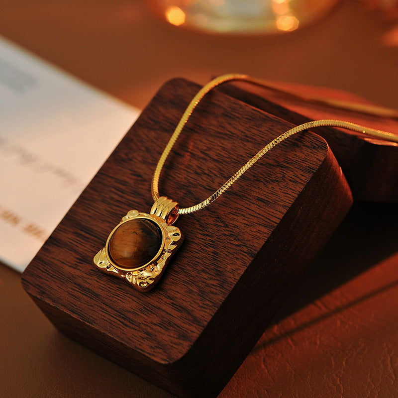 Milad Natural Tiger Eye Stone Necklace Pearl Sweater Chain Light Luxury High-End Feel Autumn Winter Versatile New Hot Item