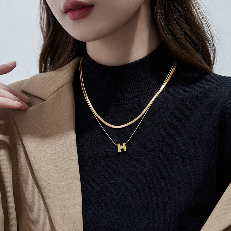High-End Light Luxury Niche Double-Layer Letter H Necklace for Women Titanium Steel Collarbone Chain 2023 New Sweater Chain Accessory