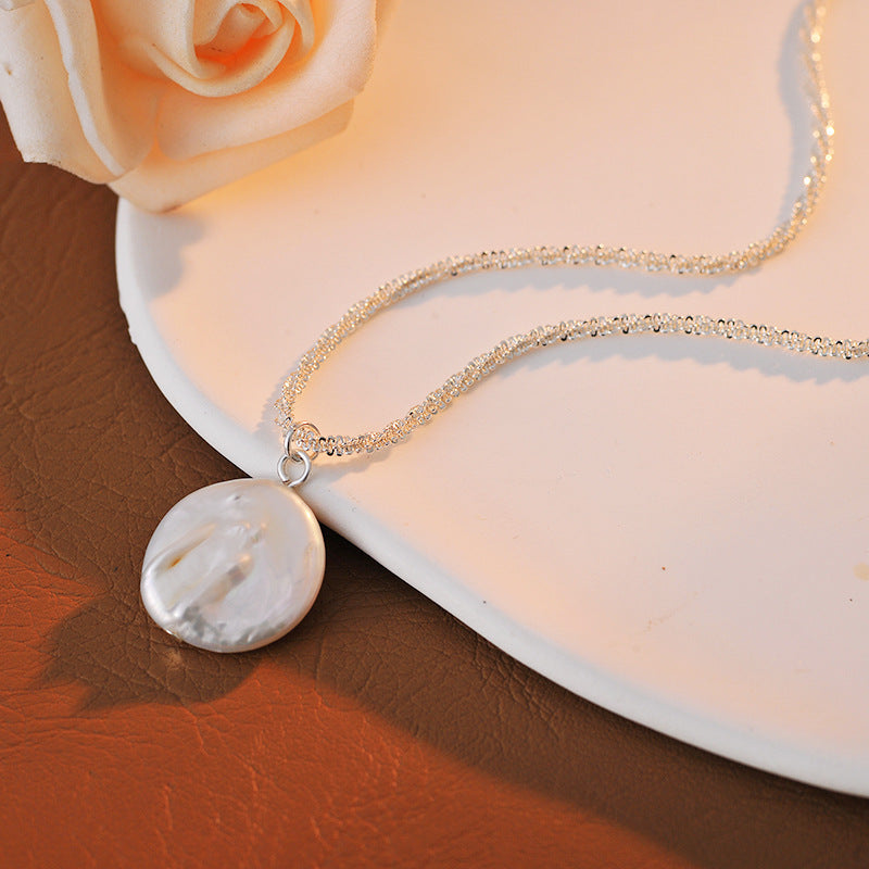 Sparkling Necklace for Women, Shiny Plain Chain, Natural Baroque Pearl Collarbone Chain, Korean Version, Niche Light Luxury Necklace