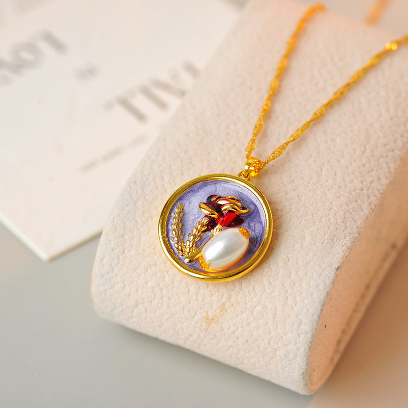 Oil Painting Natural Pearl Necklace for Women, Vintage New Chinese Style, National Style Wheat Spike Sweater Chain, Niche Collarbone Chain, Choker