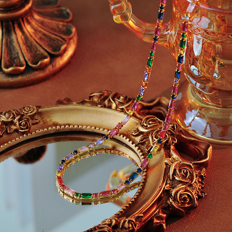 Light Luxury Square Colorful Zircon Necklace High-end Dopamine Simple Niche Hand Buckle Hand Jewelry for Women A10197