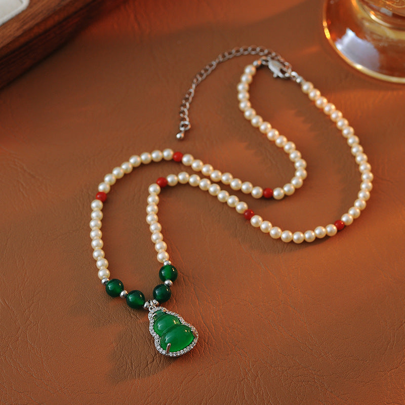 New Chinese Style Green Chalcedony Gourd Pearl Necklace Fashion Retro Light Luxury Temperament National Trend High-end Necklace for Women