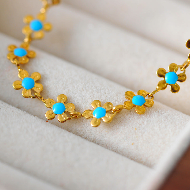 European and American Cross-Border Fashion Retro Style INS Titanium Steel Blue Small Flower Resin Fashion Simple Collarbone Chain