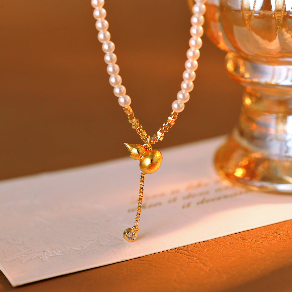 Textured Xiaomi Pearl Gold Gourd Necklace for Women, Niche Design, Light Luxury, Versatile Collarbone Chain