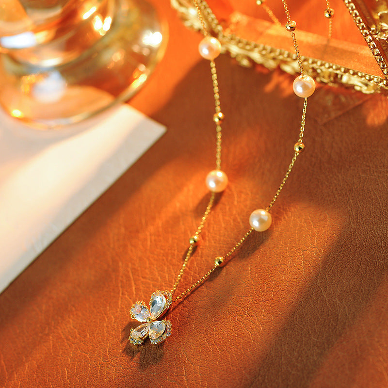 Romantic Love Letter Butterfly Pearl Tassel Necklace for Women High-end Light Luxury Niche Collarbone Chain Elegant Choker