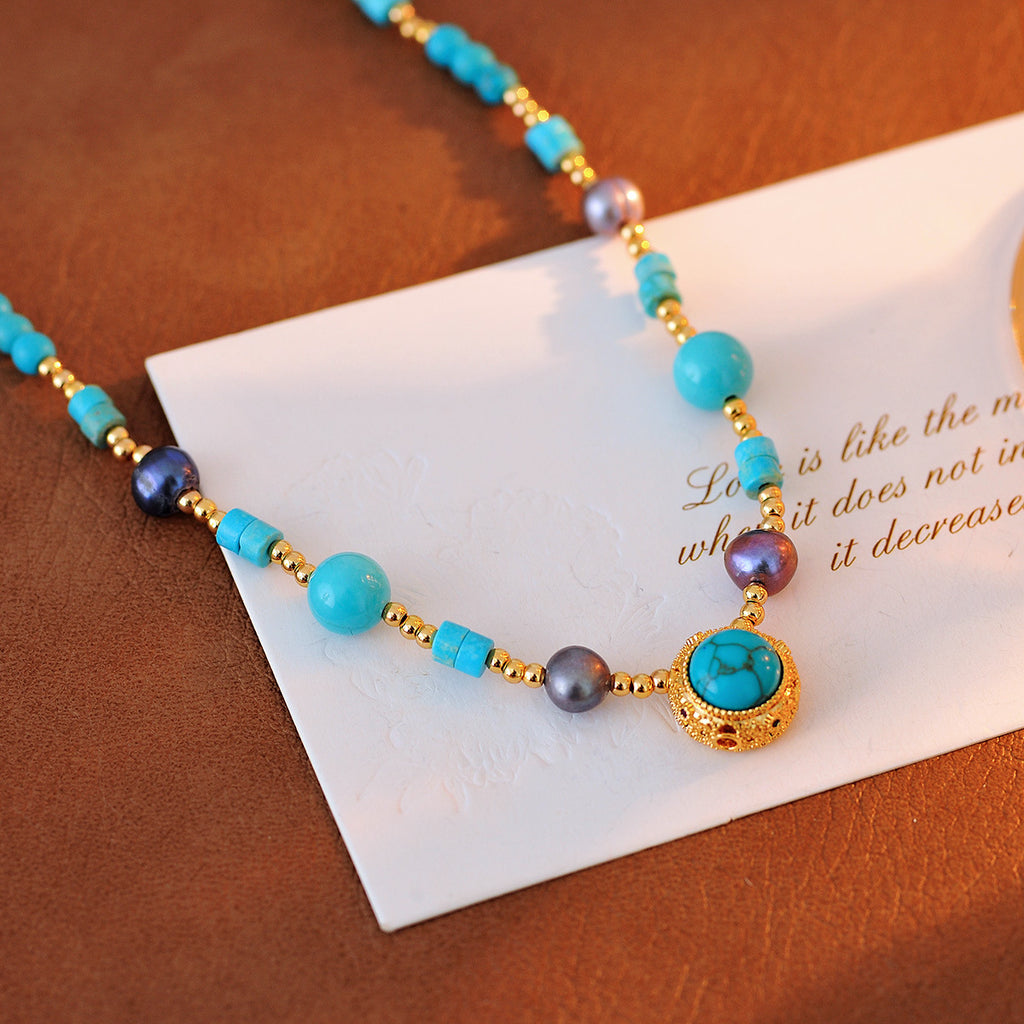 Original Design New Chinese Style Retro Green Pine Pendant Necklace Manta Rose Purple Pearl Sweater Chain