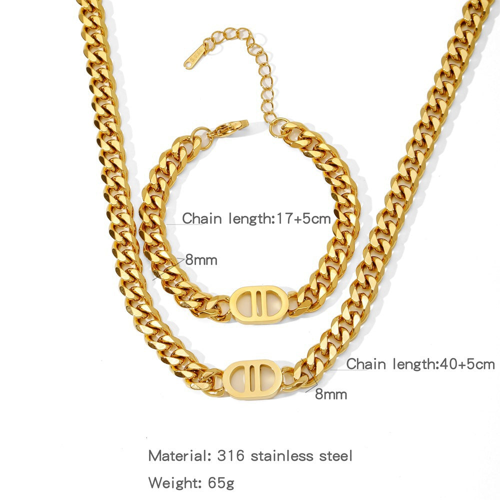 Heavy Industry High-Quality Thick Chain Gold Letter Titanium Steel Necklace for Women European and American Ins Internet Celebrity Hip-Hop Short Clavicle Chain Bracelet
