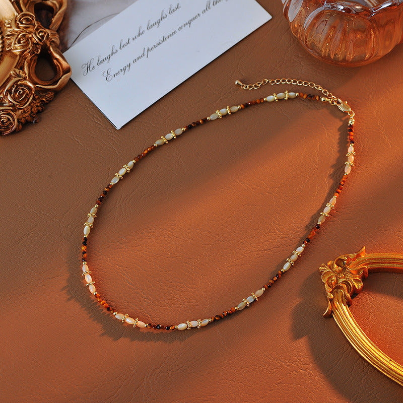 Milad Style Natural Stone Beaded Compass Pendant Layered Necklace for Women, Light Luxury Retro Versatile Choker Collarbone Chain