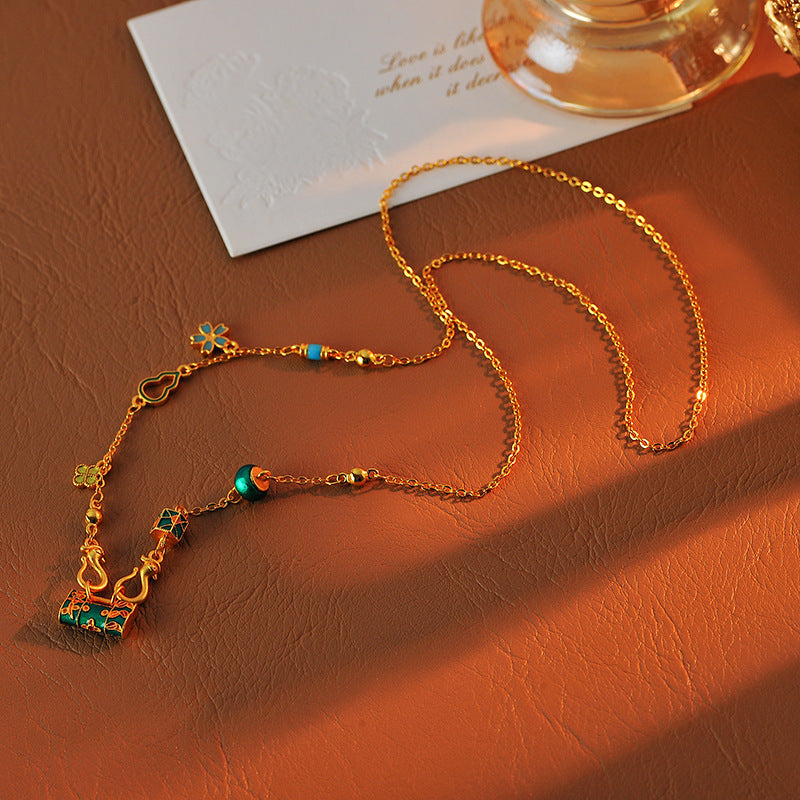 Gold Color Burnt Blue Wealth Flower Peace Lock Necklace for Women Vintage New Chinese Style Enamel Lock Bag Pendant Collarbone Chain