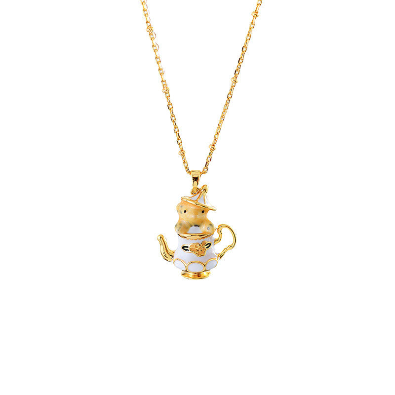 Original Gold-Plated Hand-Painted Enamel Color Glaze Cute Pet Fun Design Cartoon Teapot Chipmunk Necklace for Women