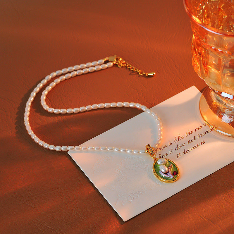 Oil Painting Baroque Pendant Necklace for Women New Chinese Style National Style Light Luxury Niche Artistic Retro Natural Pearl Collarbone Chain