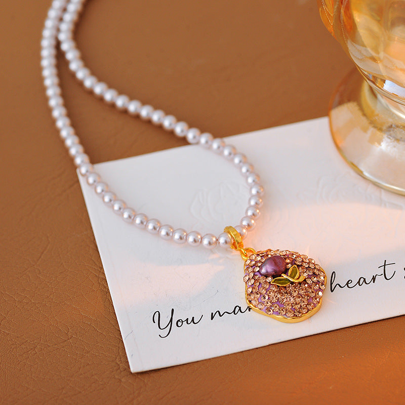 New Pearl Flower Necklace Full Inlaid with Colorful Zircon Purple Flower Necklace Fashionable Elegant High-end Necklace for Women