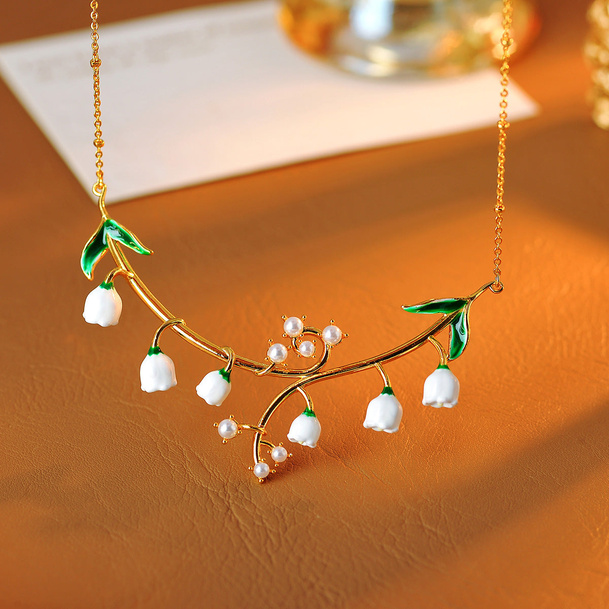 European and American Style Enamel Glaze Forest Style Sweet Plant Lily of the Valley Pearl Embellished Gentle Temperament Necklace
