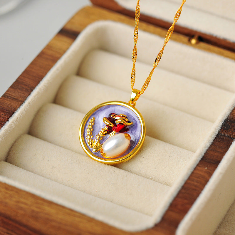 Oil Painting Natural Pearl Necklace for Women, Vintage New Chinese Style, National Style Wheat Spike Sweater Chain, Niche Collarbone Chain, Choker