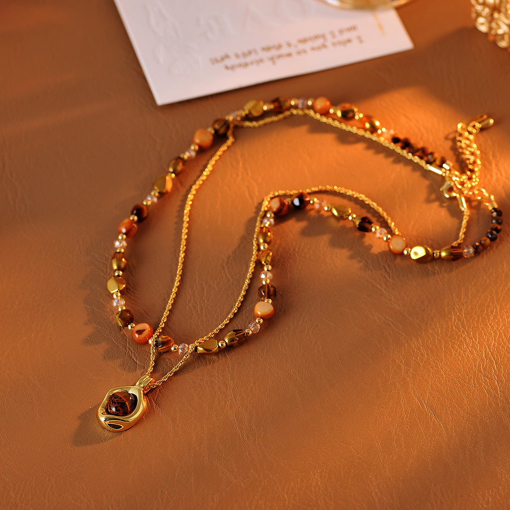 Real Gold Plated Layered Two-Way Necklace Tiger Eye Stone Necklace for Women 2025 New Layered Accessories
