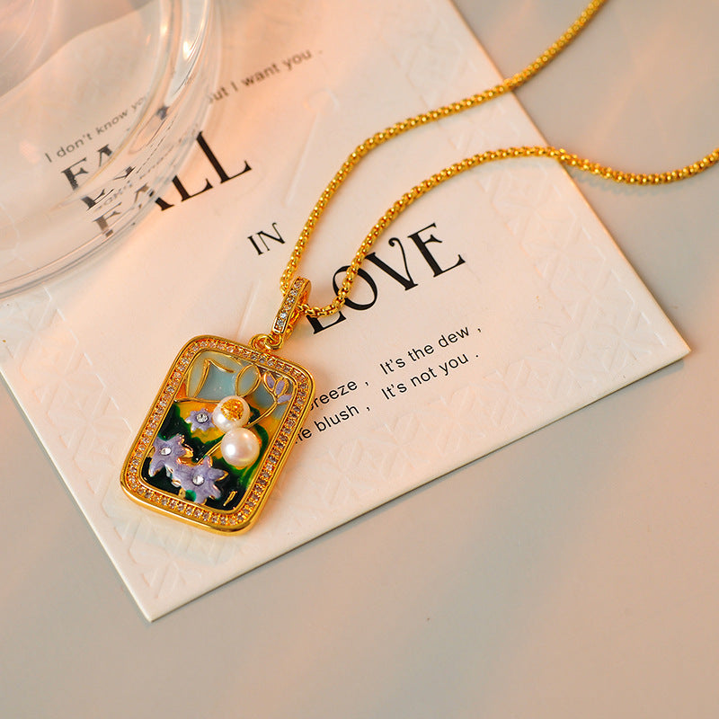 Oil Painting New Chinese Style Pendant Necklace for Women Natural Pearl Vintage National Style Light Luxury Niche Retro Collarbone Chain