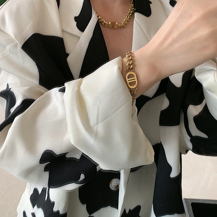 Heavy Industry High-Quality Thick Chain Gold Letter Titanium Steel Necklace for Women European and American Ins Internet Celebrity Hip-Hop Short Clavicle Chain Bracelet