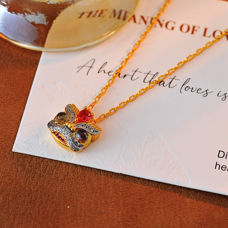 New Chinese Style Lion Dance Set Heavy Craft Light Luxury Earrings Necklace Bracelet Lion Coming Luck Colorful Gemstone Earrings Pendant Necklace