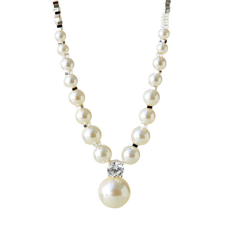 Shijia Pearl Fragment Silver Necklace Gradient High-end Feel Women's Necklace White French Retro Round Bead Collarbone Chain