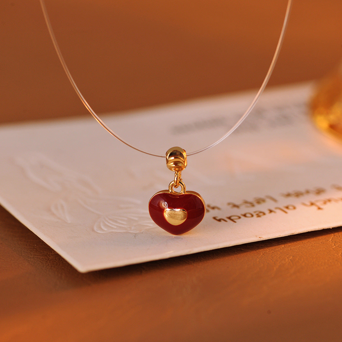 Red Glazed Heart Fishing Line Necklace, Light Luxury Elegant Versatile Fashion Jewelry