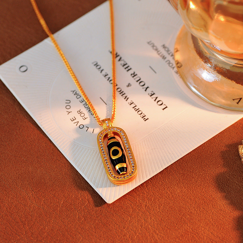 Gold Store Same Style Nine-Eyed Dzi Bead Gold Color Pendant Imitation Sand Gold Linlang Three-Eyed Dzi Bead Necklace Rotatable Pendant
