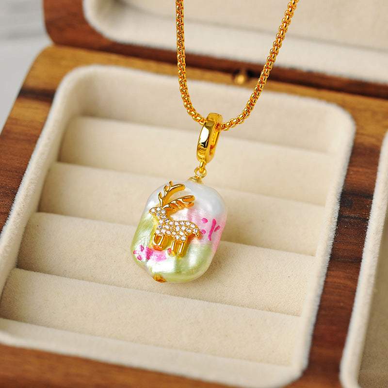 Colorful Natural Pearl Deer Pendant Necklace for Women New Hot-Selling High-End Zircon Collarbone Chain