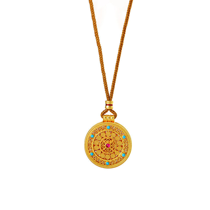 Wei Xue Same Style Enamel Ancient Filigree Ruyi Eight Treasures Compass Pendant Braided Rope Exquisite Niche Necklace for Women