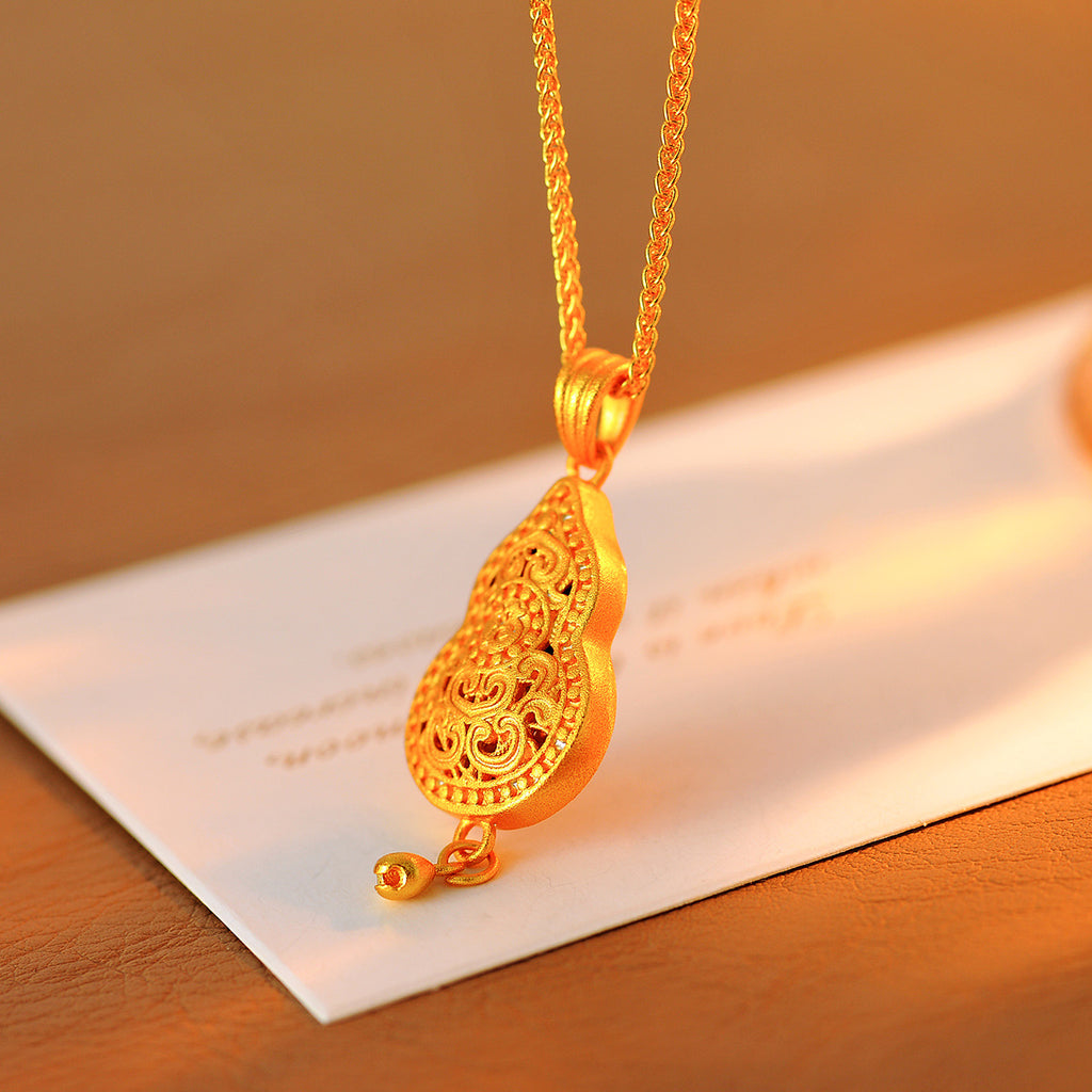 Real Gold Plated Gourd Pendant Necklace New Chinese Style Retro Gold Sweater Chain Jewelry
