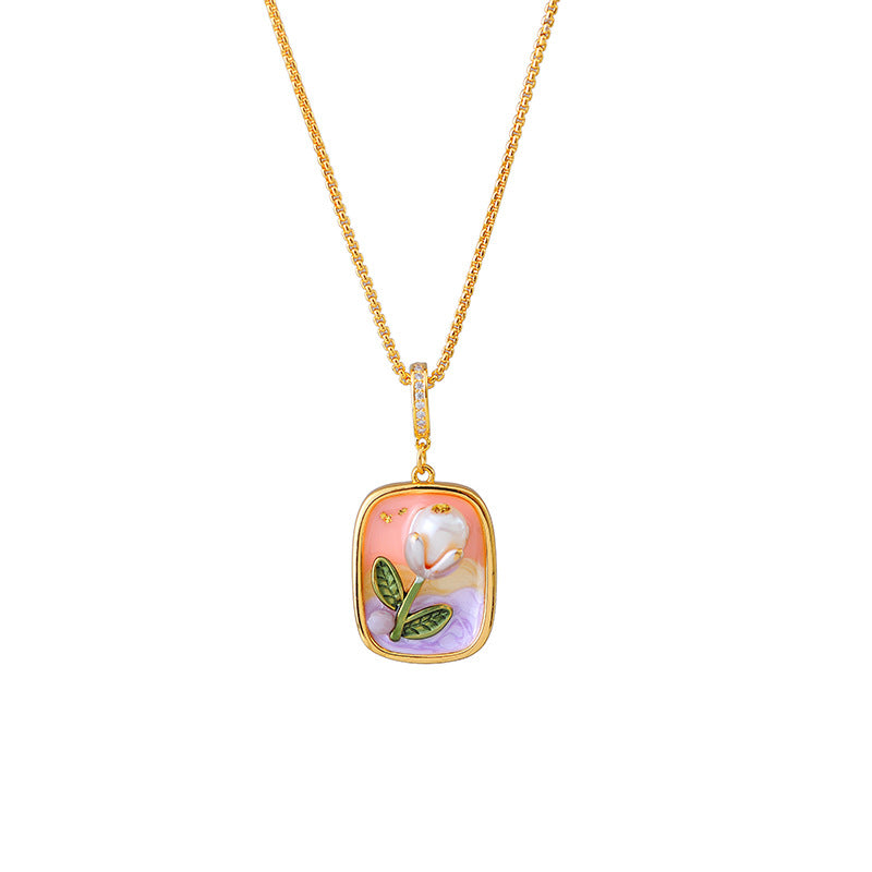 French Retro Oil Painting Pearl Pendant Oil Painting Style Necklace Universal Clasp Detachable Accessory